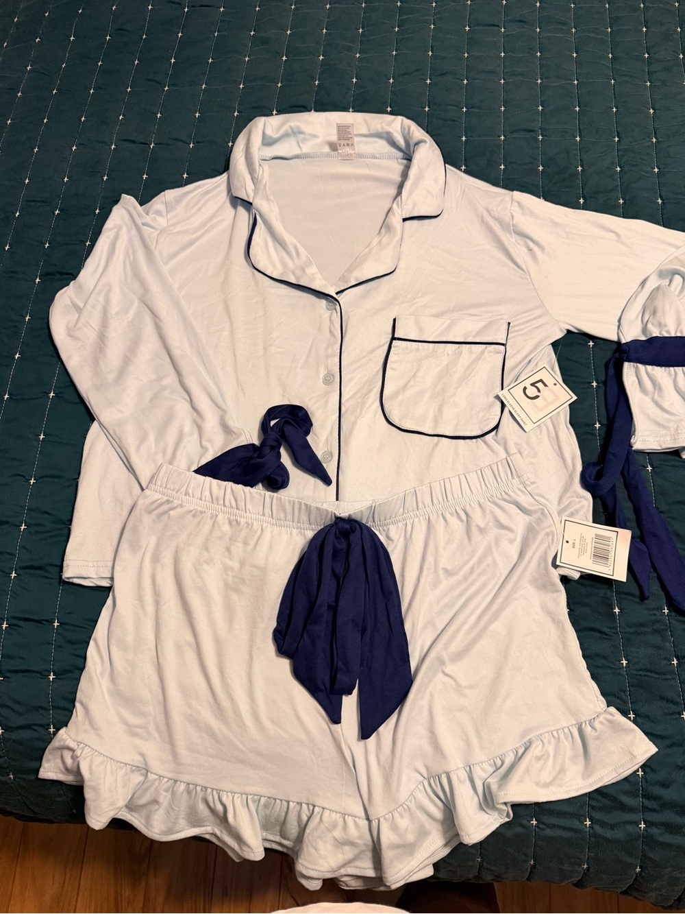 Light Blue Women’s Pajama Set with Navy Bow Trim